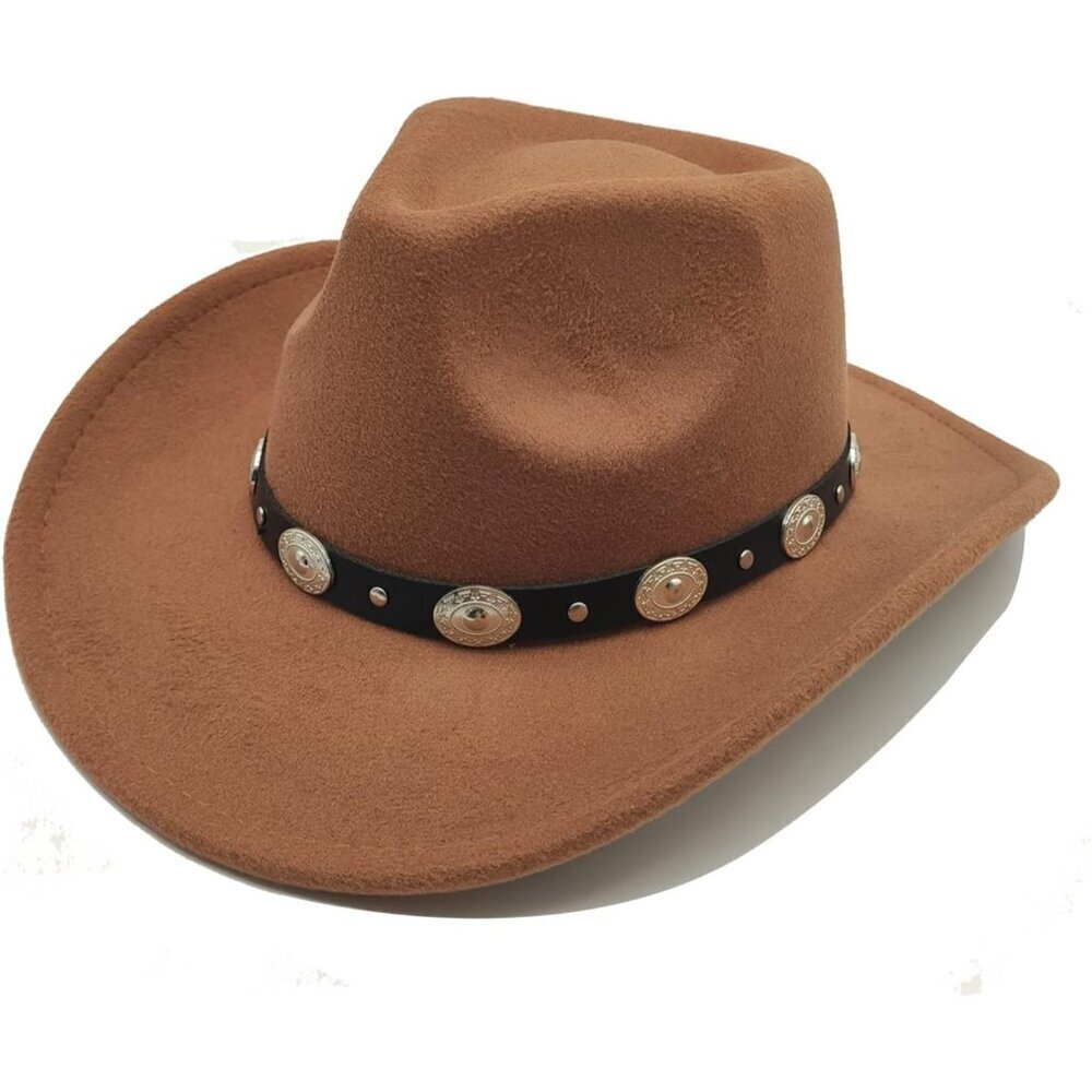 🆕 Men Khaki Cowboy Hat Western Felt Fedora Chapeau Halloween Costume Belt Wicks